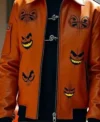 Shop Halloween Pumpkin Patch Haunted Castle Orange Leather Bomber Jacket