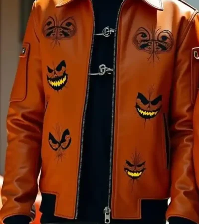 Shop Halloween Pumpkin Patch Haunted Castle Orange Leather Bomber Jacket