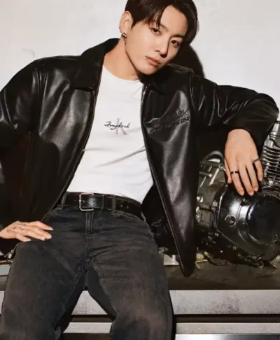 Shop Jungkook x Calvin Klein Black Leather Racer Jacket
