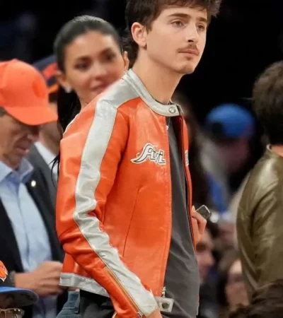 Shop Timothee Chalamet Playoffs Avirex Orange Leather Jacket