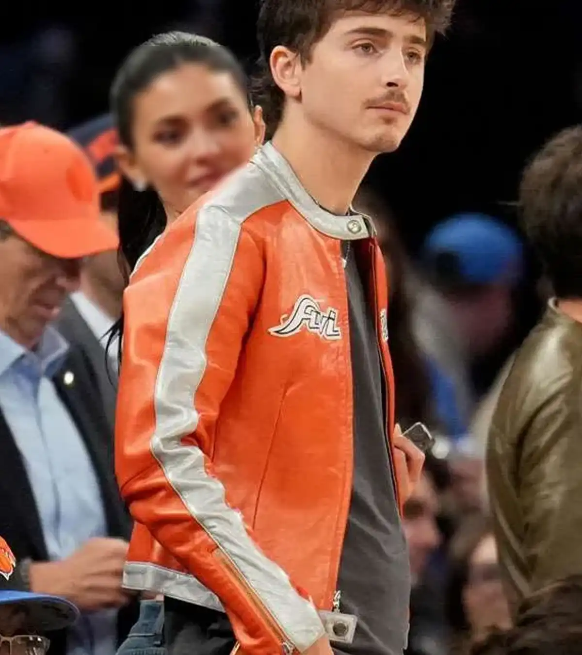 Shop Timothee Chalamet Playoffs Avirex Orange Leather Jacket