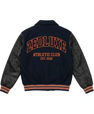 Shop Zedluxe Athletic Club EST 2026 Black and Navy Blue Varsity Bomber Jacket Back