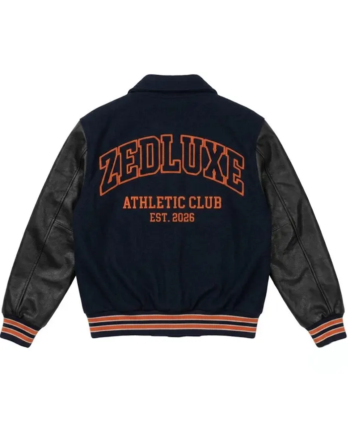 Shop Zedluxe Athletic Club EST 2026 Black and Navy Blue Varsity Bomber Jacket Back