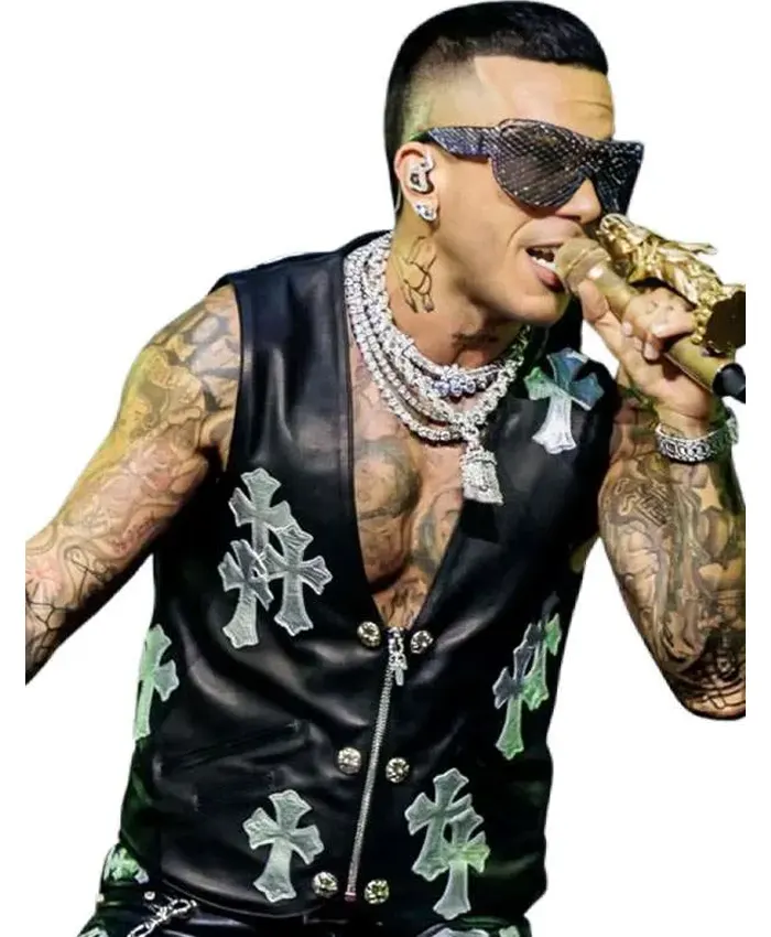 Stadio San Siro Concert 2026 Sfera Ebbasta Black Leather Vest Front