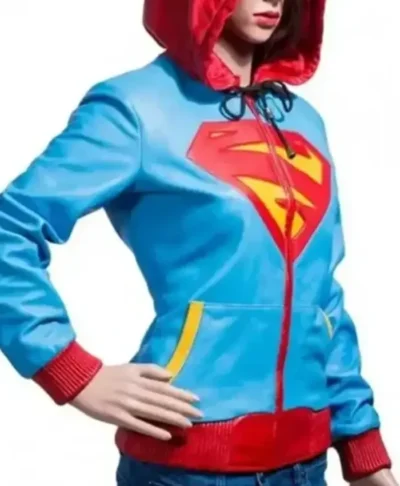 Supergirl Blue and Red Leather Hooded Cosplay Jacket Right