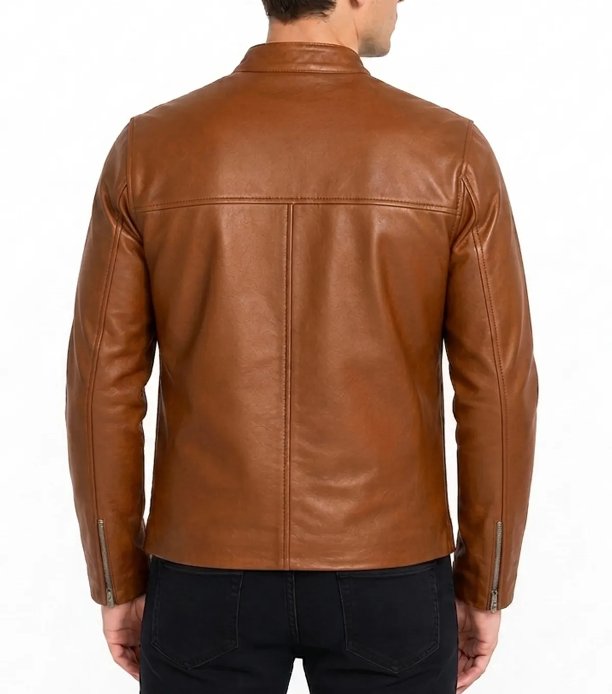 Tan Brown Athletic Build Full Grain Leather Biker Jacket