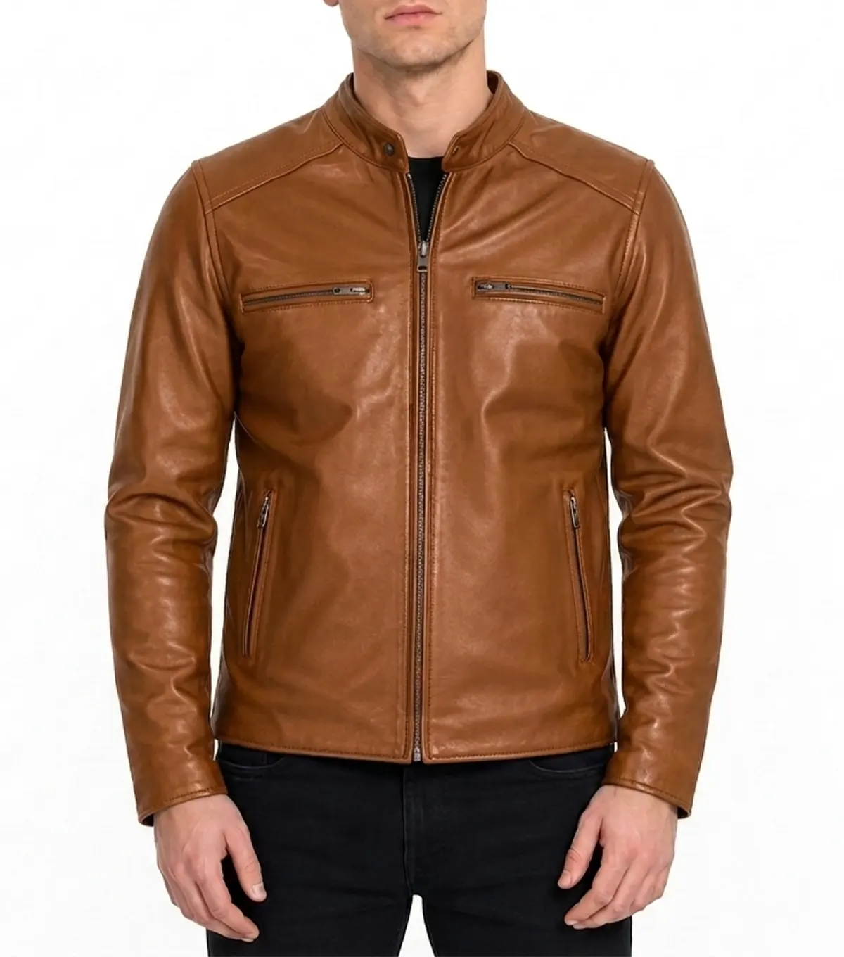 Tan Brown Full Grain Athletic Build Motorcycle Leather Jacket