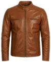 Tan Brown Full Grain Leather Biker Jacket for Athletic Build