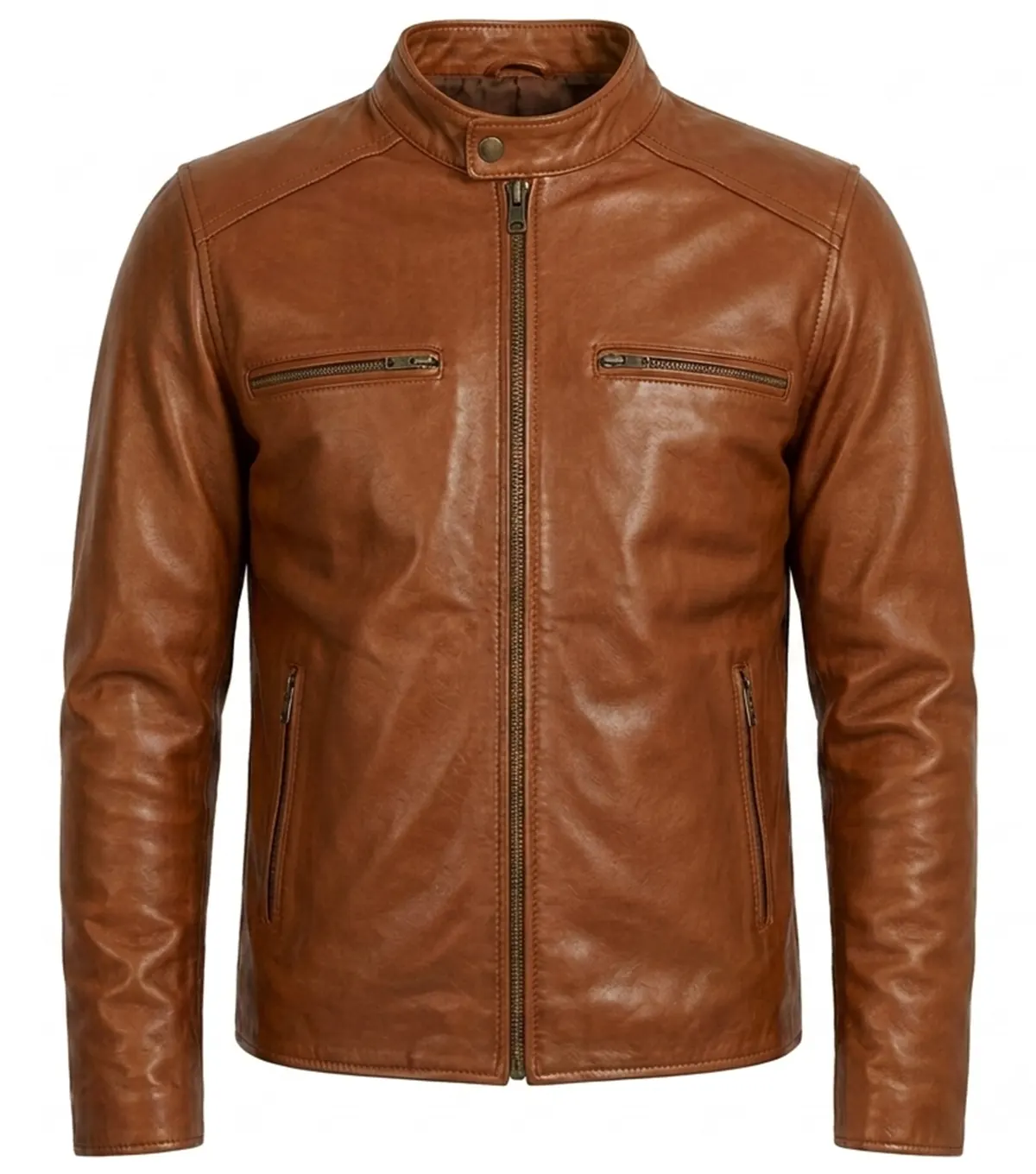 Tan Brown Full Grain Leather Biker Jacket for Athletic Build