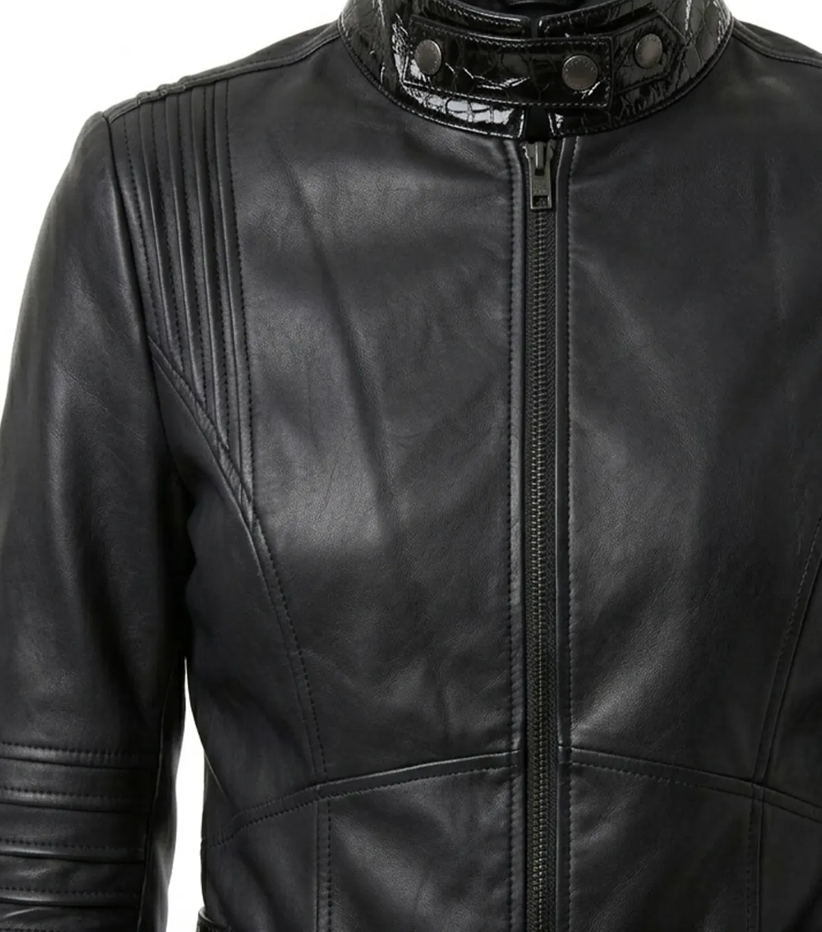 The Batman Selina Kyle Leather Jacket close up shoot