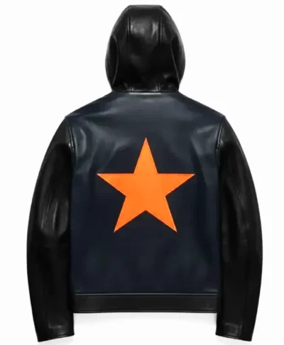 Timothée Chalamet Marty Supreme Blue and Black Leather Hooded Jacket Back
