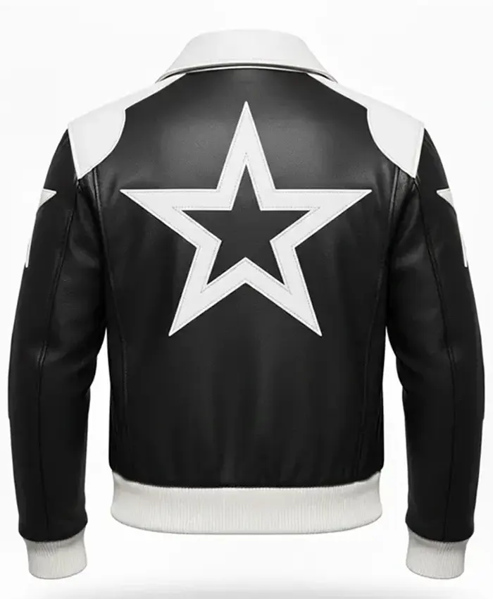 Timothée Chalamet Marty Supreme White Star Black Leather Jacket Back