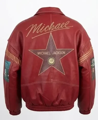 Tribute to Michael Hall Of Fame Michael Jackson Red Leather Bomber Jacket For Sale Back