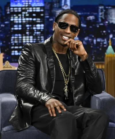 Tv Show The Tonight Show Starring Jimmy Fallon 2026 Travis Scott Black Leather Blazer Left
