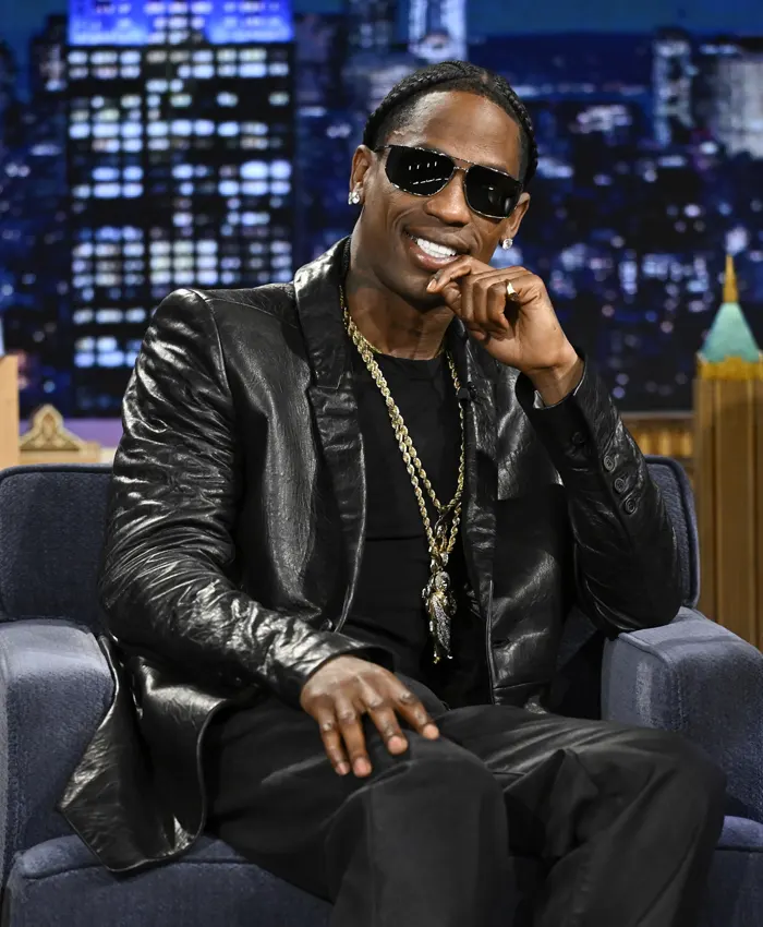 Tv Show The Tonight Show Starring Jimmy Fallon 2026 Travis Scott Black Leather Blazer Left