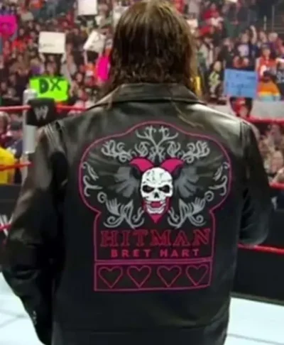 WWE Monday Night Raw Hit Man Bret Hart Black Leather Biker Jacket Back
