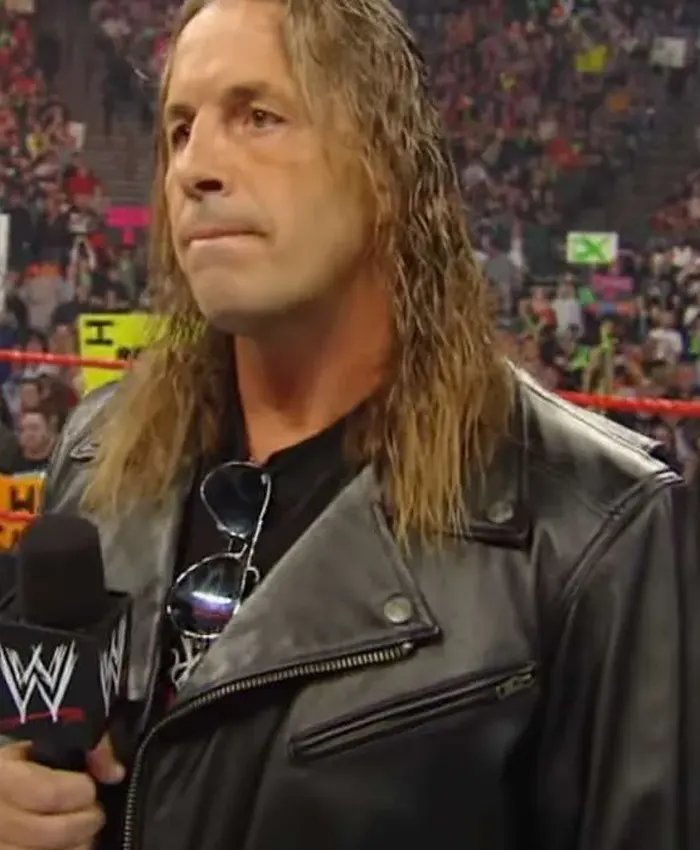 WWE Monday Night Raw Hit Man Bret Hart Black Leather Biker Jacket Closeup