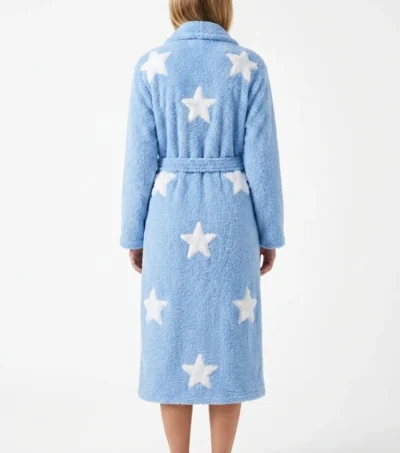 Women Blue Star Print Chenille Bathrobe with Shawl Collar back