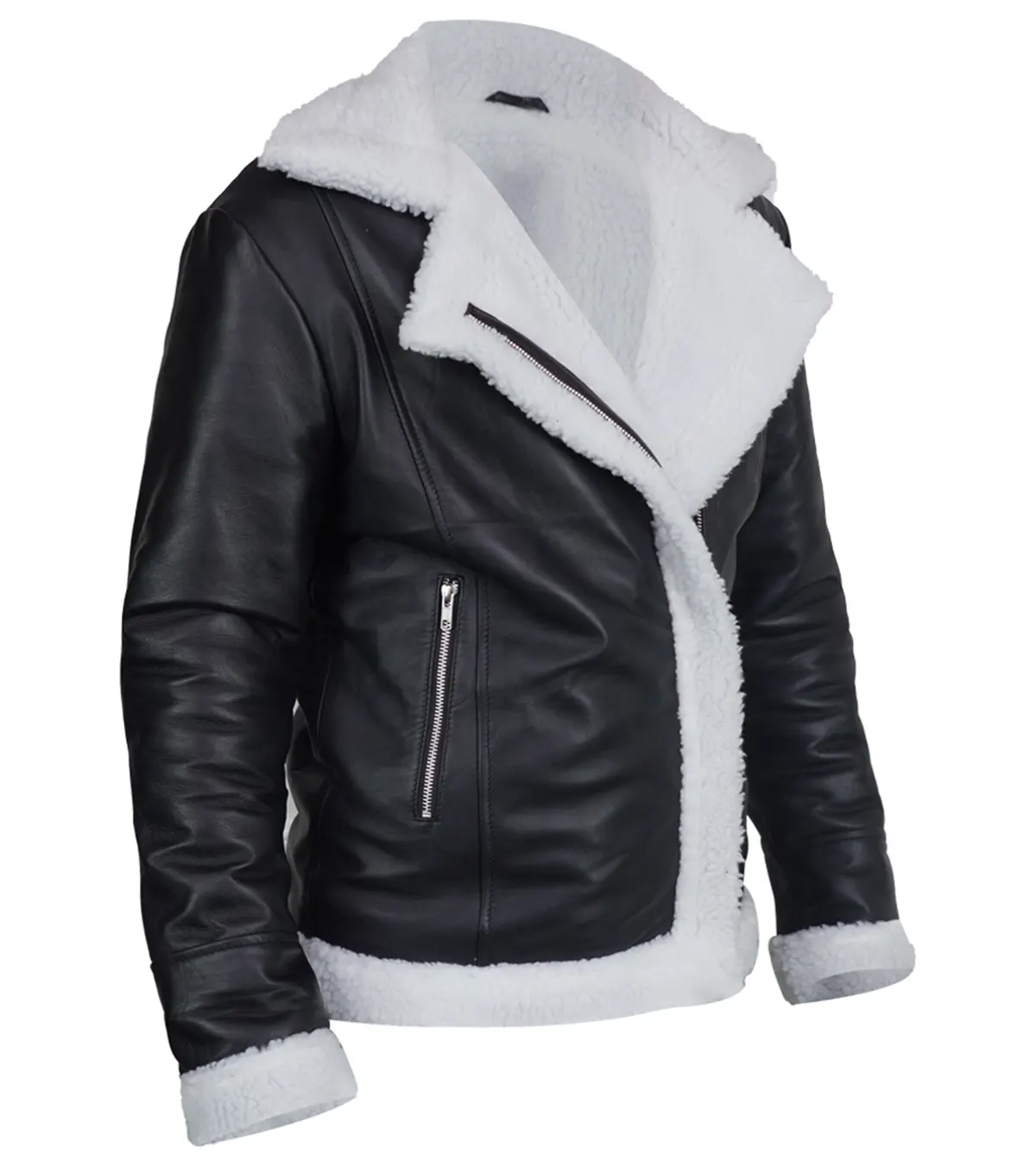 Womens Black Aviator Jacket with Cream Shearling Collar