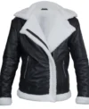 Womens Black Aviator Leather Jacket with Cream Shearling Trim