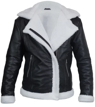 Womens Black Aviator Leather Jacket with Cream Shearling Trim