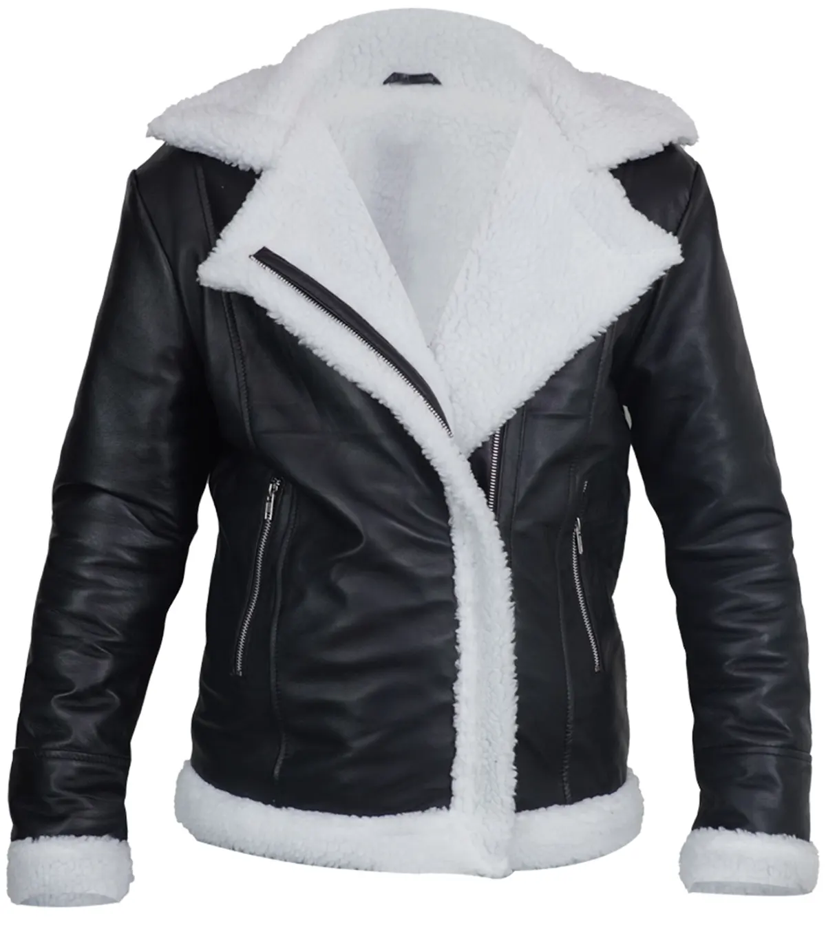 Womens Black Aviator Leather Jacket with Cream Shearling Trim