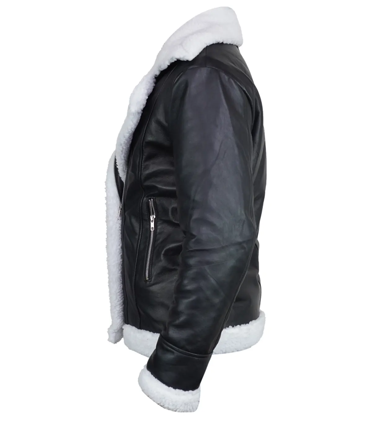 Womens Black Leather Aviator Jacket with Cream Shearling