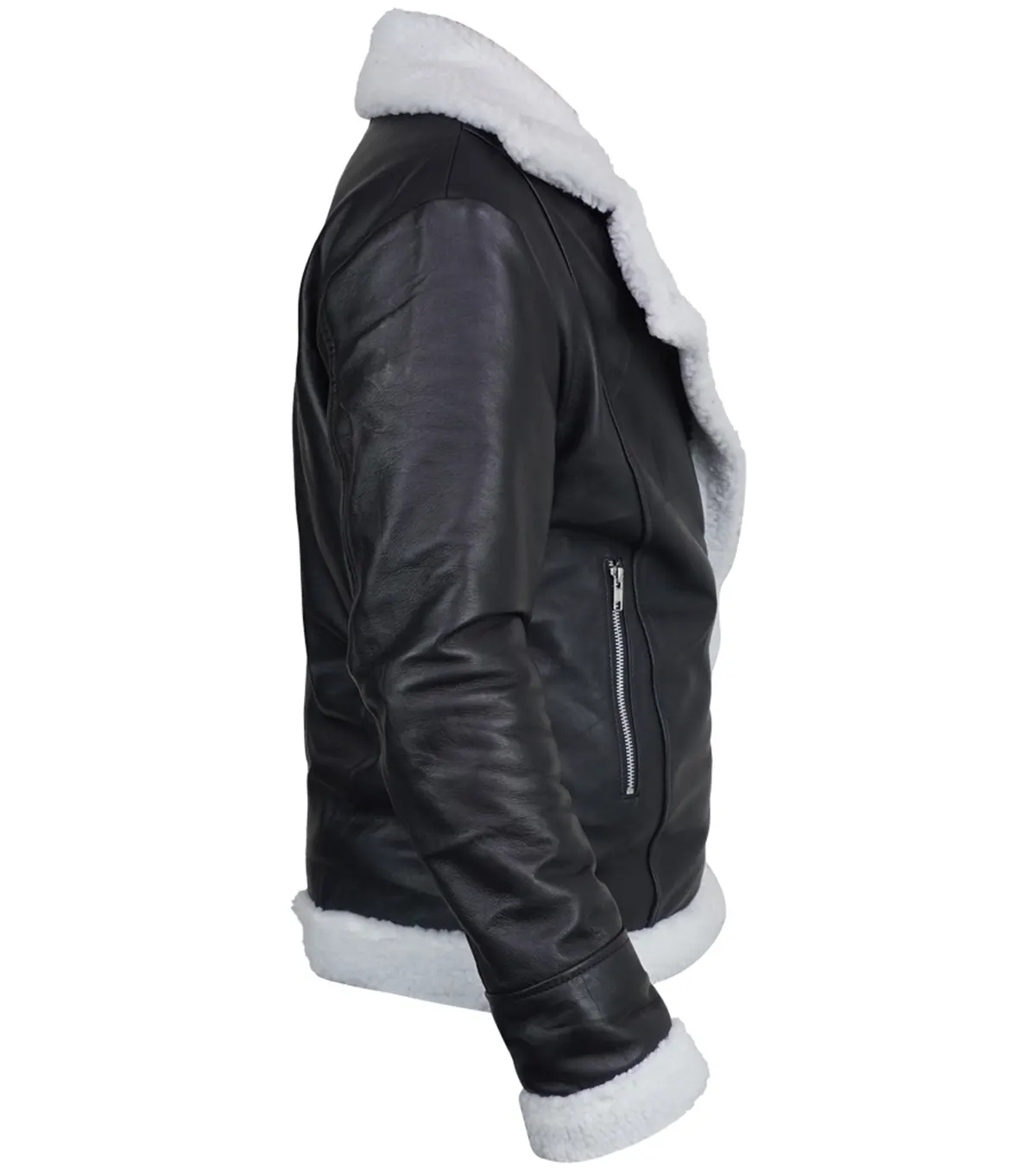Womens Black Leather Flight Jacket with Cream Shearling Trim