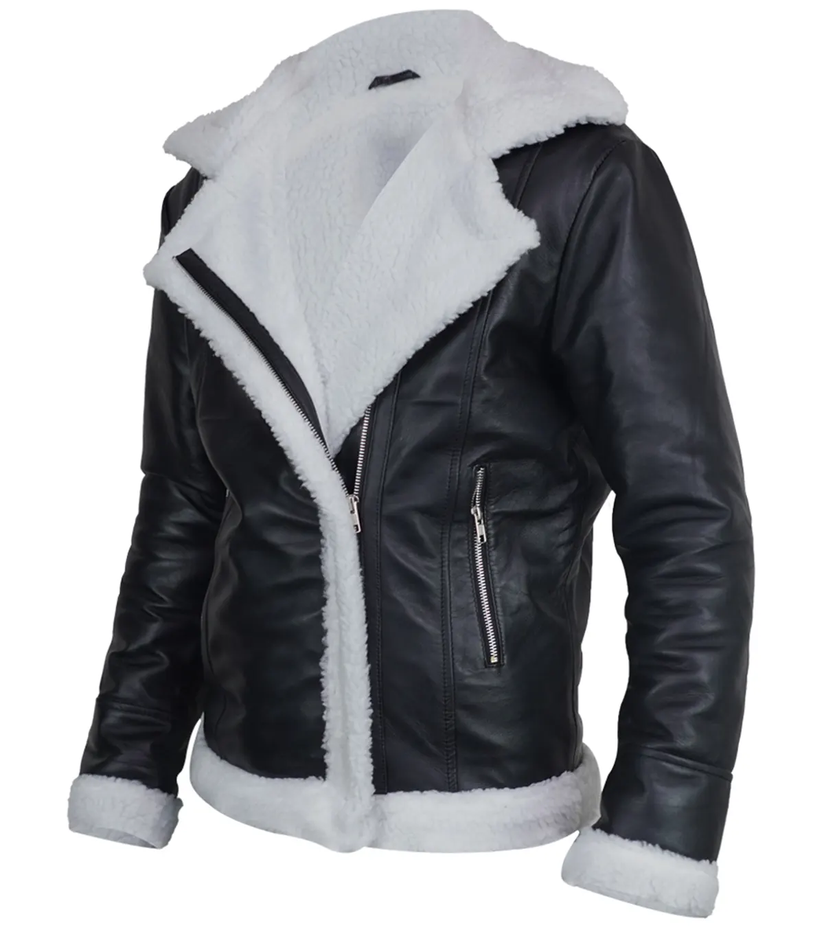 Womens Black Shearling Trim Aviator Leather Jacket