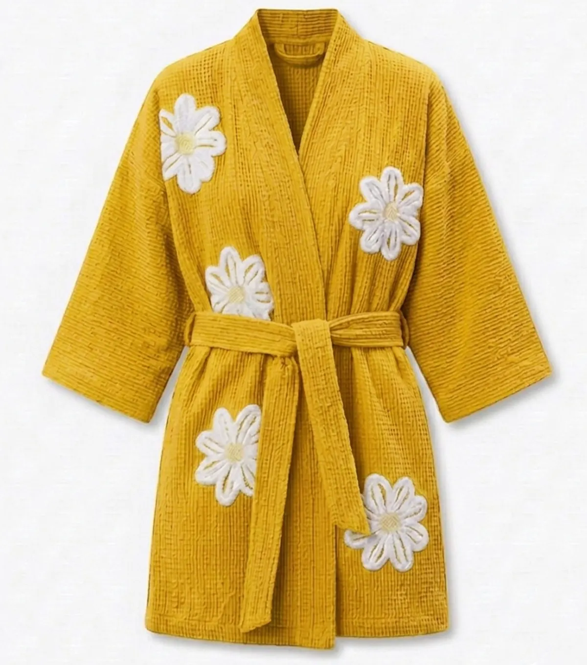 Yellow Falling Daisies Floral Chenille Kimono Bathrobe