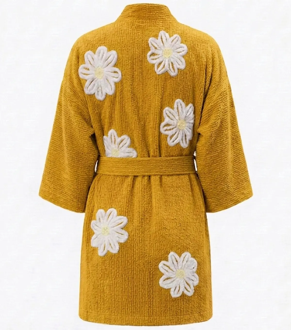 Yellow Falling Daisies Floral Chenille Kimono Bathrobe back