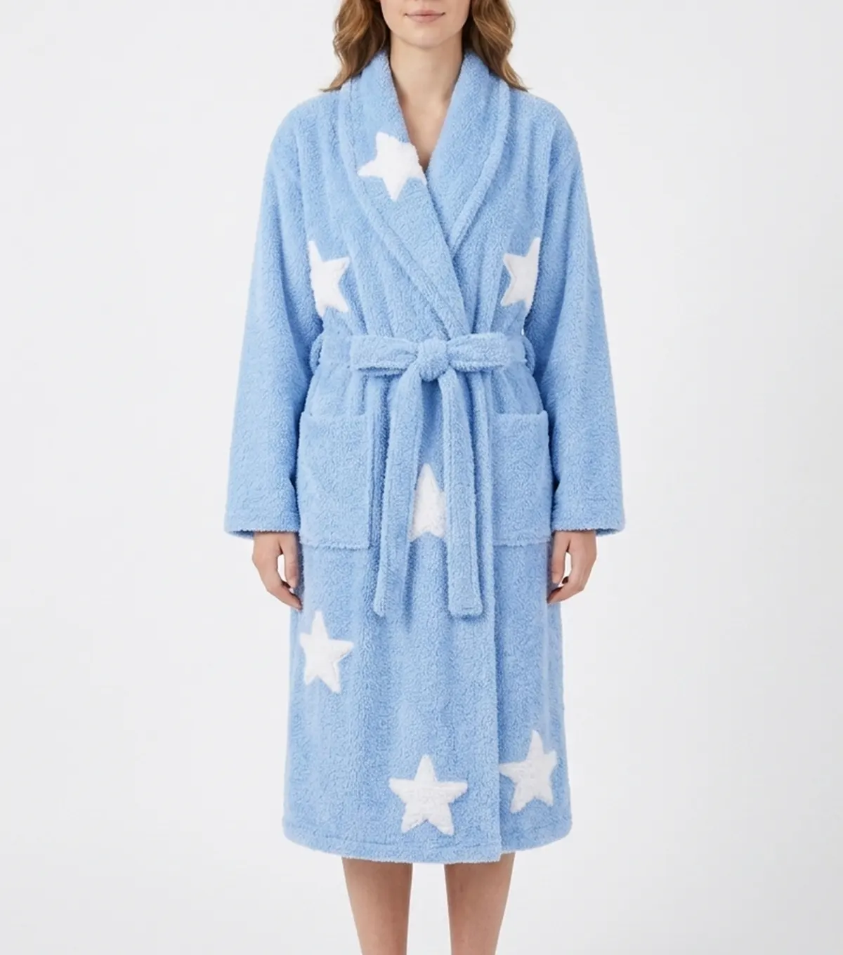 women Blue Star Print Chenille Bathrobe with Shawl Collar