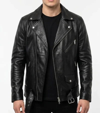 Asymmetrical Jacket Mens Real Leather with Sheepskin