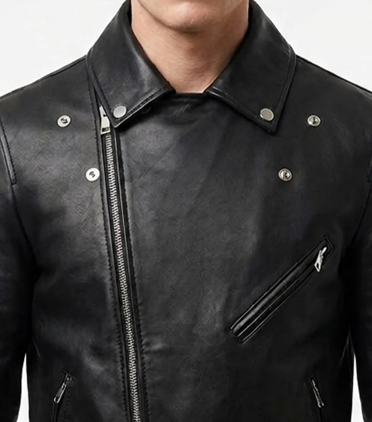 Asymmetrical Jacket Mens Real Leather with Sheepskin collar