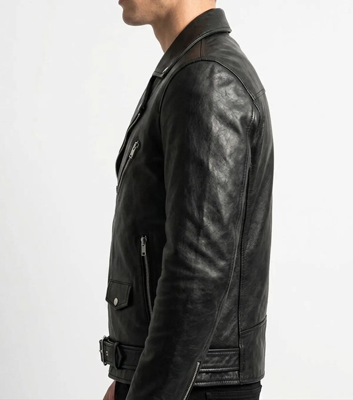 Asymmetrical Jacket Mens Real Leather with Sheepskin left side view