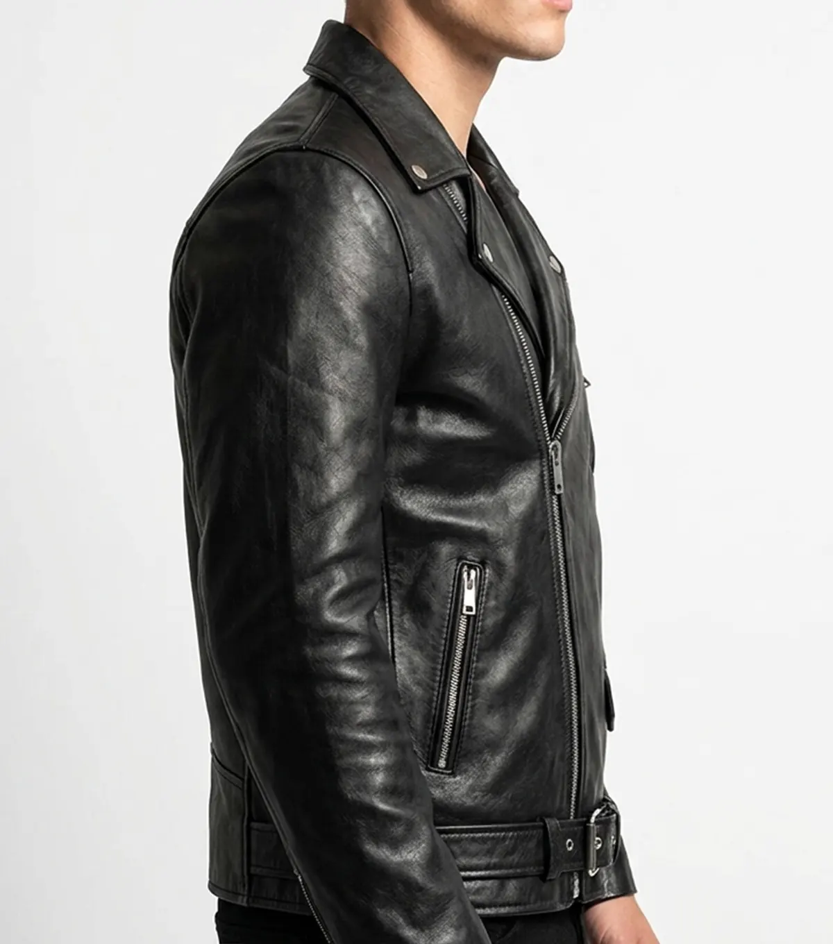 Asymmetrical Jacket Mens Real Leather with Sheepskin side view