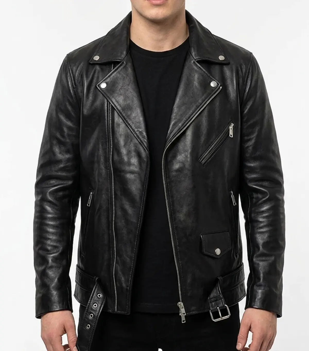 Asymmetrical Jacket Mens Real Leather with Sheepskin