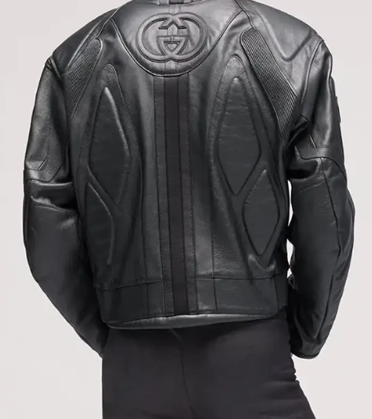 BTS Jin Gucci Primavera GG Black Embossed Leather Motorcycle Biker Jacket Sale
