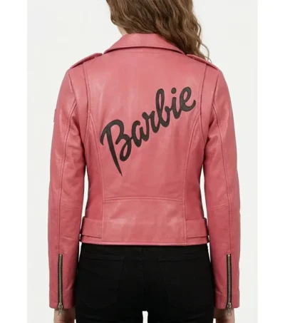 Barbie Doll Womens Pink Bomber Leather Jacket back view