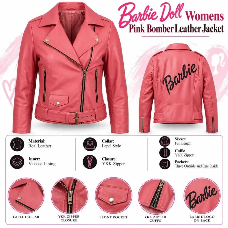 Barbie Doll Womens Pink Bomber Leather Jacket info graph