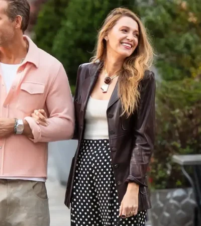 Blake Lively NYC 2026 Burgundy Leather Blazer