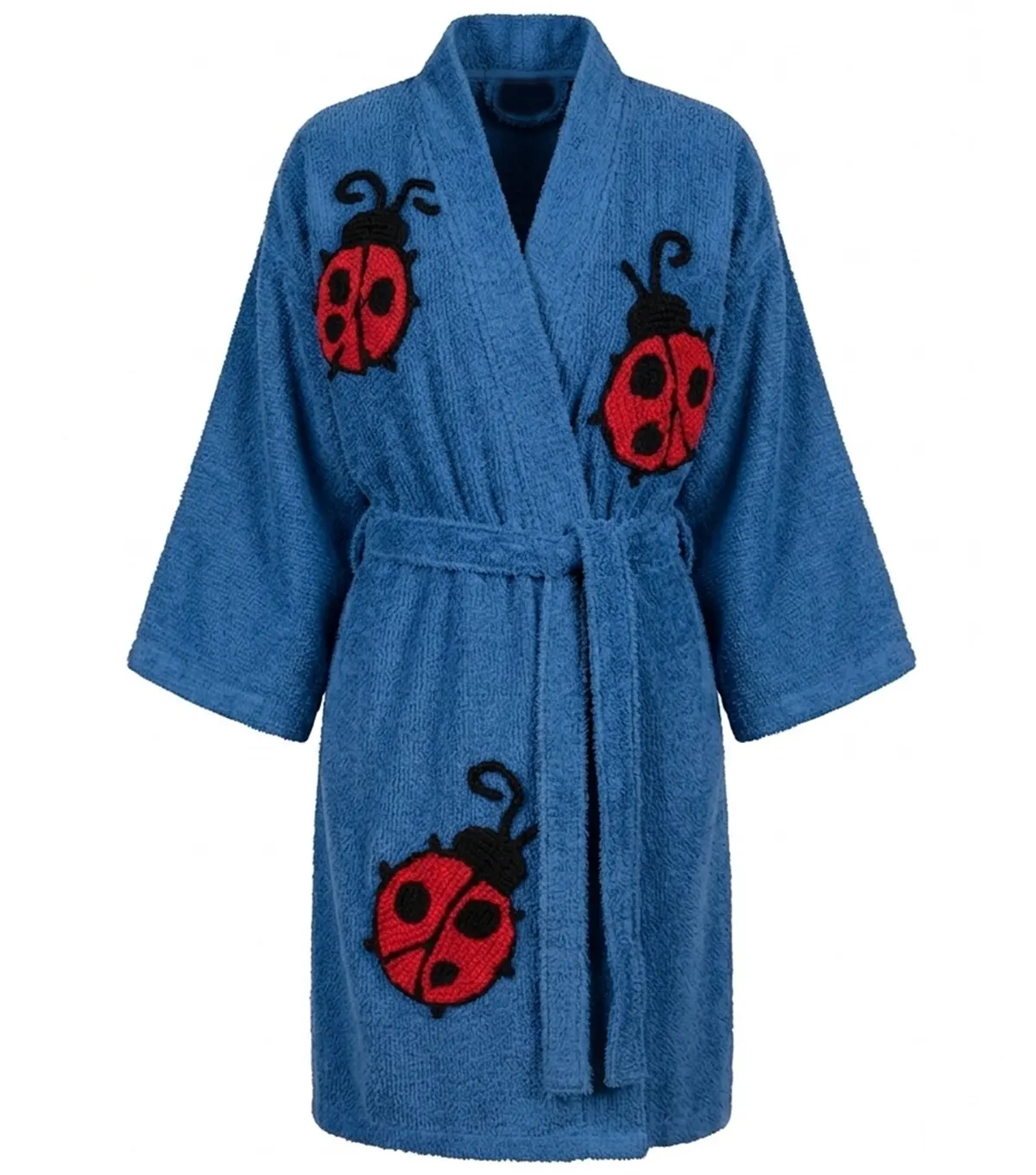 Blue Lady Bug Tufted Chenille Bathrobe Kimono Style