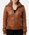 Brown Bomber Jacket Women Leather with Sheepskin