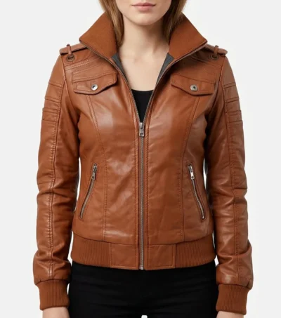 Brown Bomber Jacket Women Leather with Sheepskin