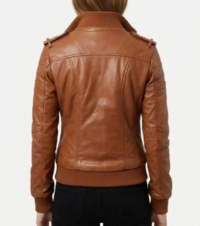 Brown Bomber Jacket Women Leather with Sheepskin back