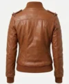 Brown Bomber Jacket Women Leather with Sheepskin back view