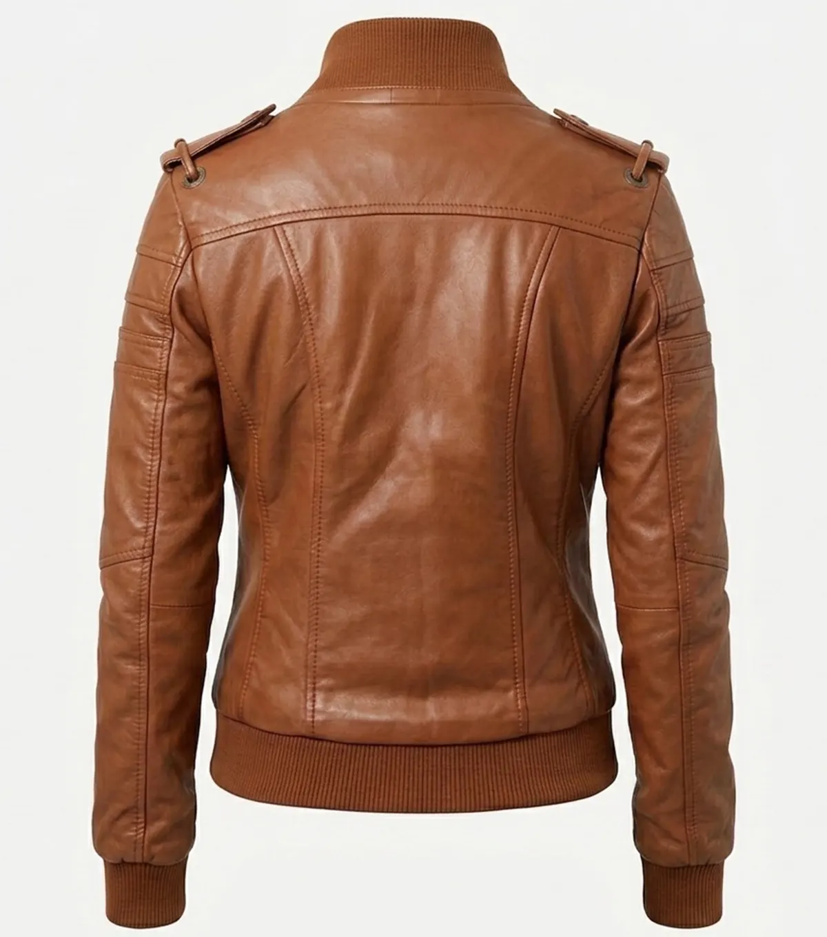 Brown Bomber Jacket Women Leather with Sheepskin back view