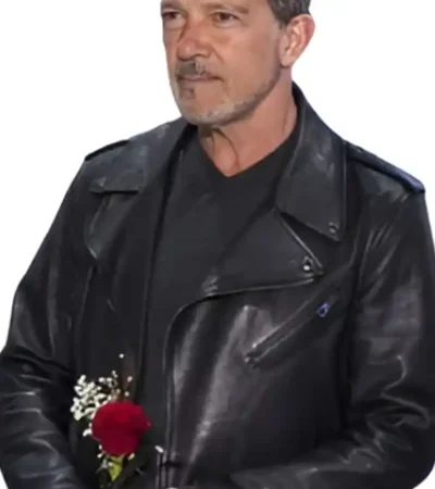 Buy Antonio Banderas Lapel Style Black Leather Jacket On Sale