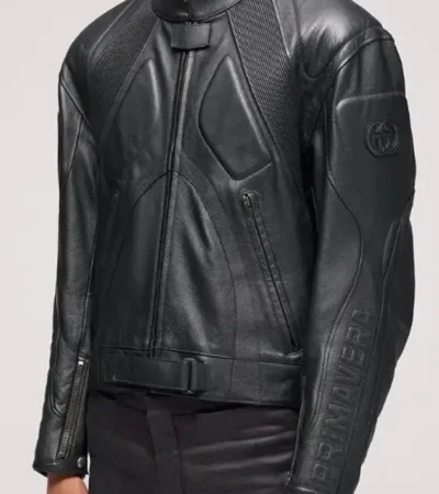 Buy BTS Jin Gucci Primavera GG Black Embossed Leather Motorcycle Biker Jacket On Sale