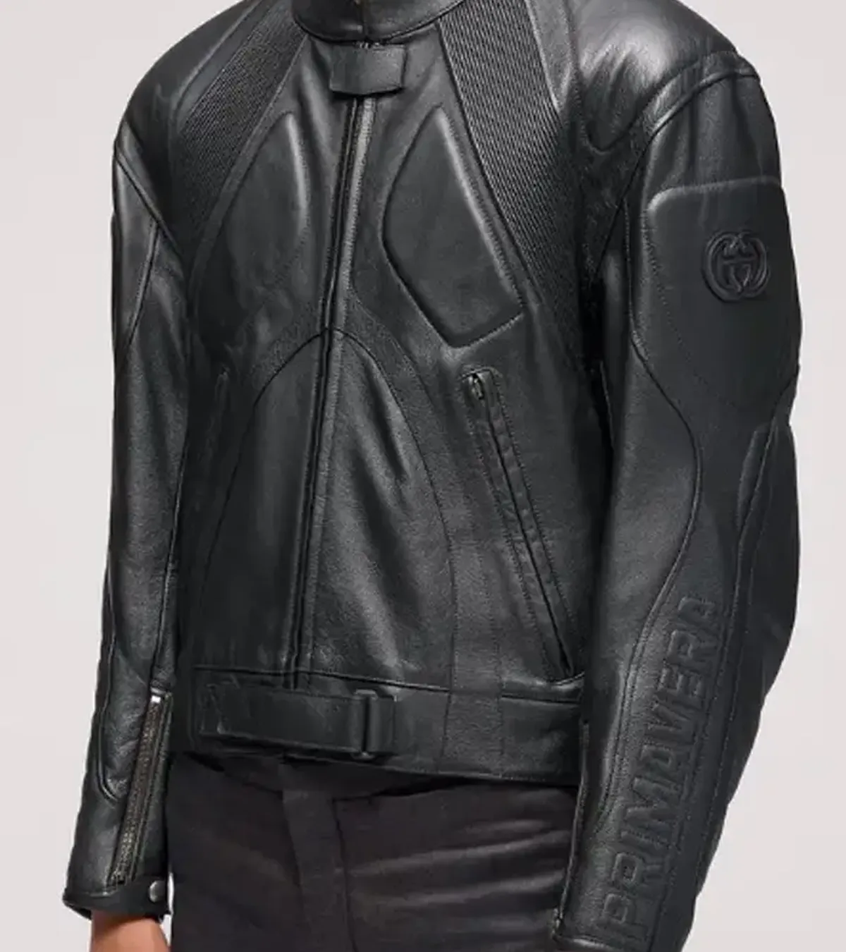 Buy BTS Jin Gucci Primavera GG Black Embossed Leather Motorcycle Biker Jacket On Sale
